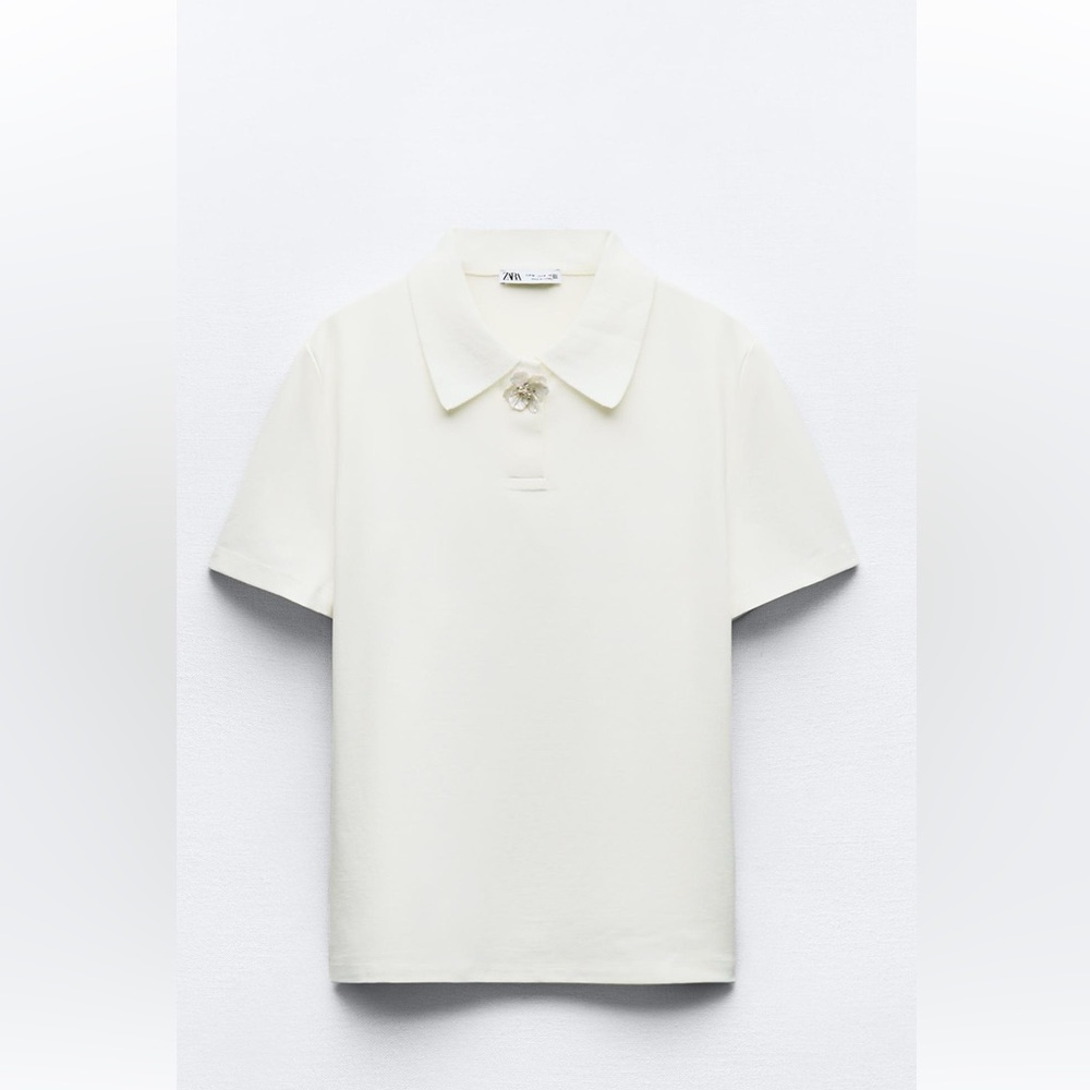 Zara White Polo Top with Floral Button